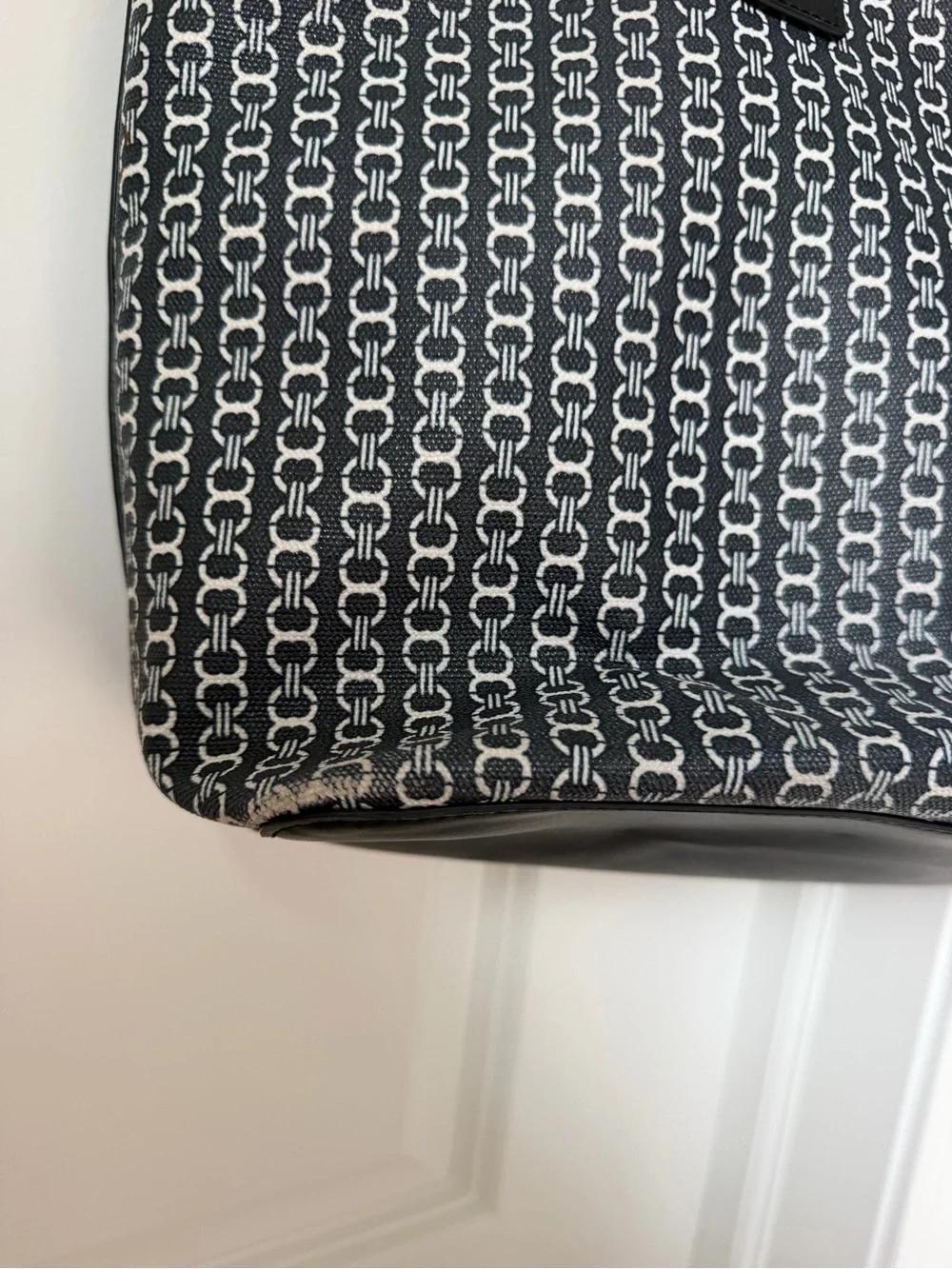 Tory Burch Black and Cream Stripe Logo Jacquard Tote